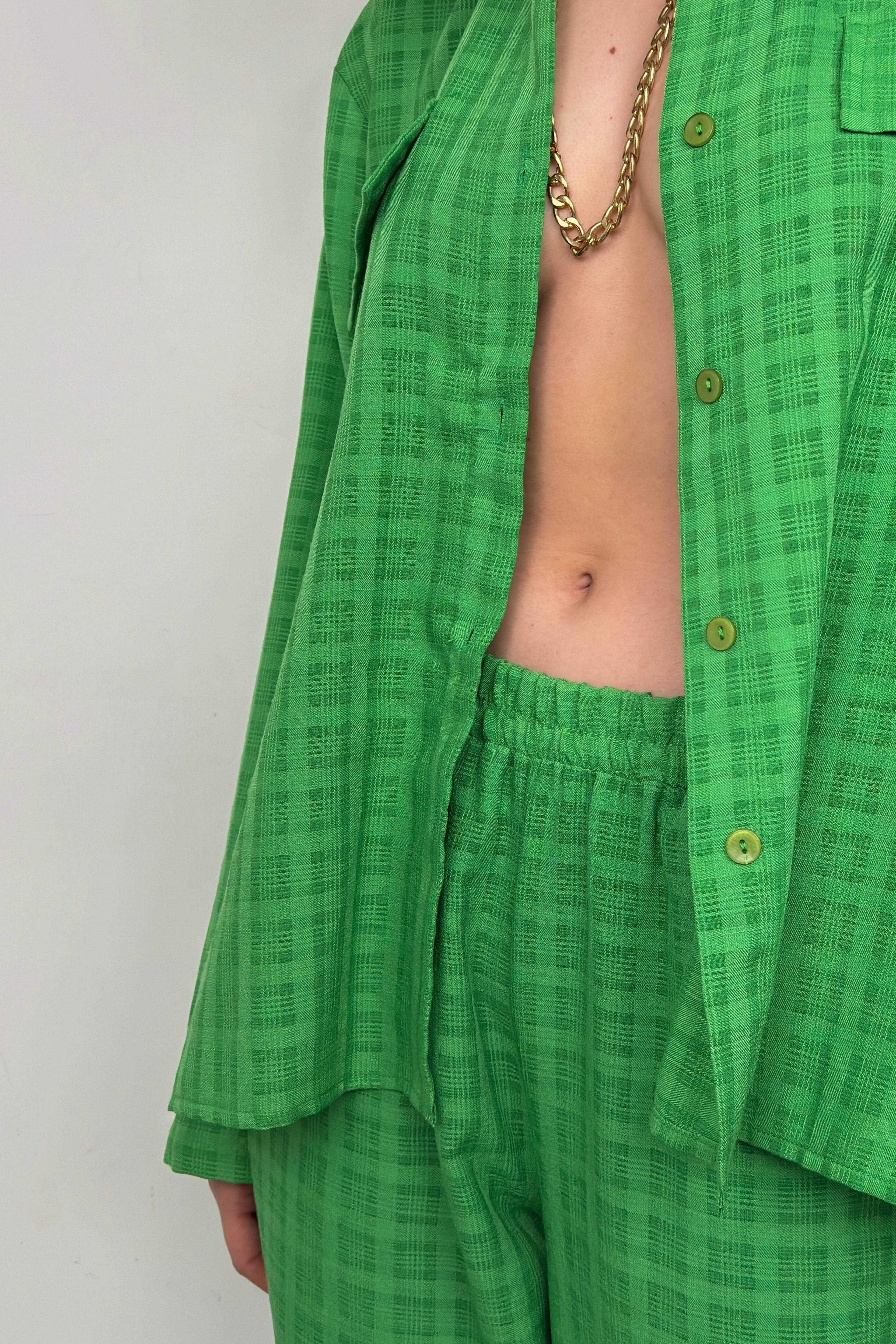 Pocketed Green Shirt Pants Two-Piece Set