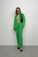Pocketed Green Shirt Pants Two-Piece Set