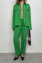 Pocketed Green Shirt Pants Two-Piece Set