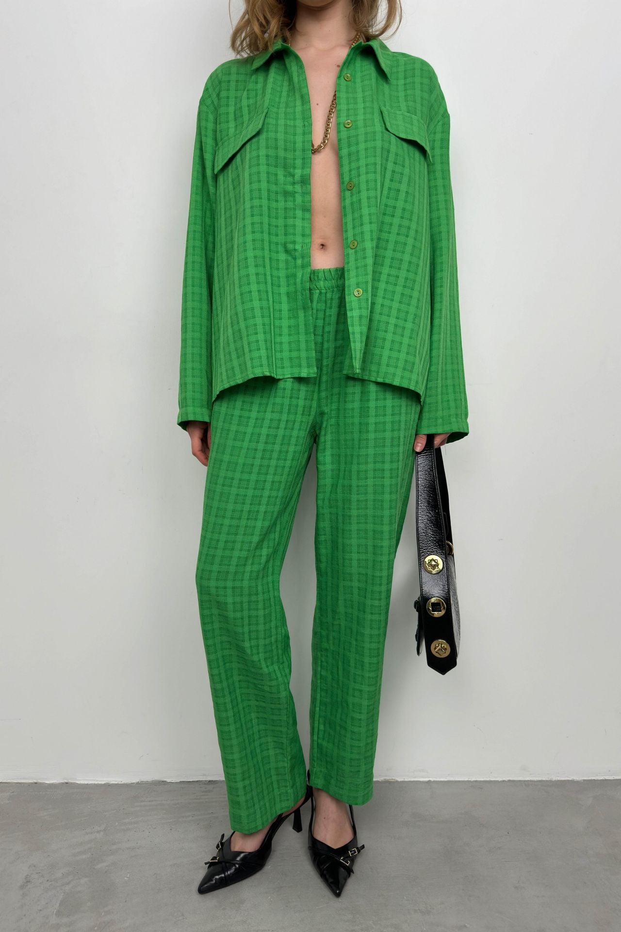 Pocketed Green Shirt Pants Two-Piece Set