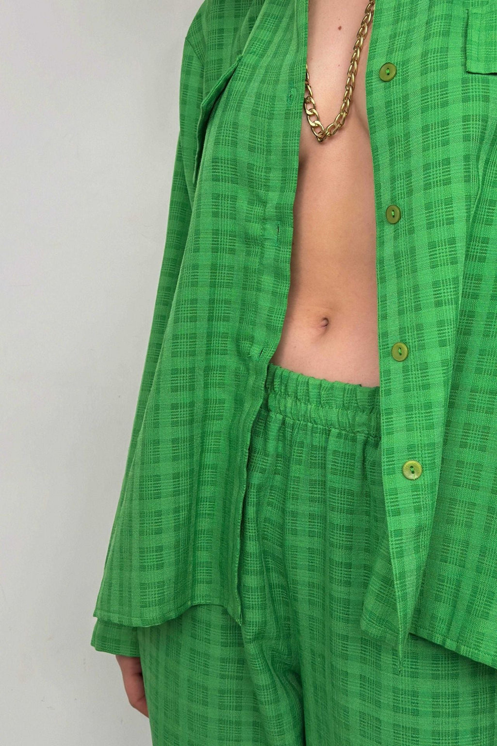 Pocketed Green Shirt Pants Two-Piece Set