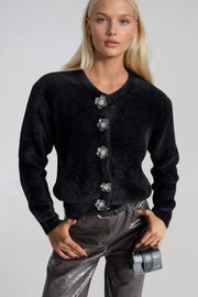 Soft-Touch Black Knit Cardigan with Flower Embellishments