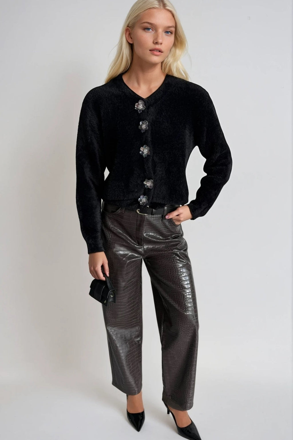 Flower Accessorized Soft-Textured Black Knit Cardigan