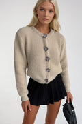 Flower Accessorized Soft-Textured Beige Knit Cardigan
