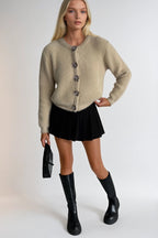 Flower Accessorized Soft-Textured Beige Knit Cardigan