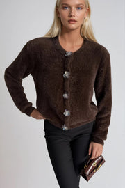 Soft-Touch Brown Knit Cardigan with Floral Accessories