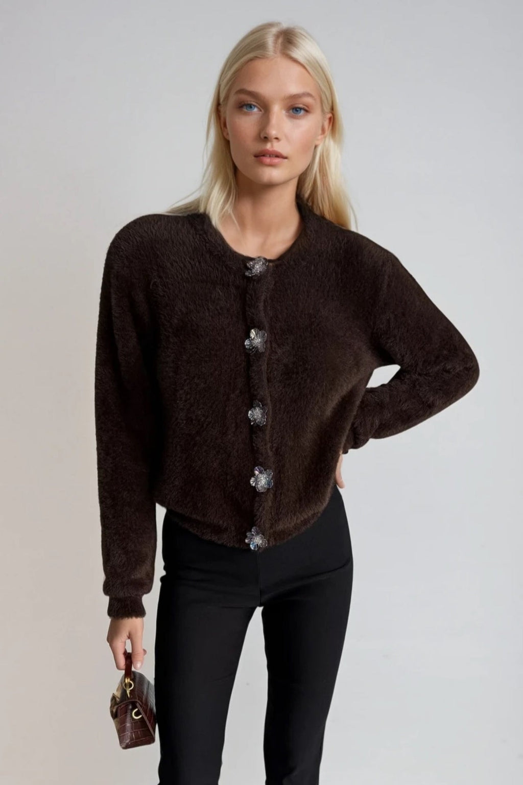 Flower Accessorized Soft-Textured Brown Knit Cardigan