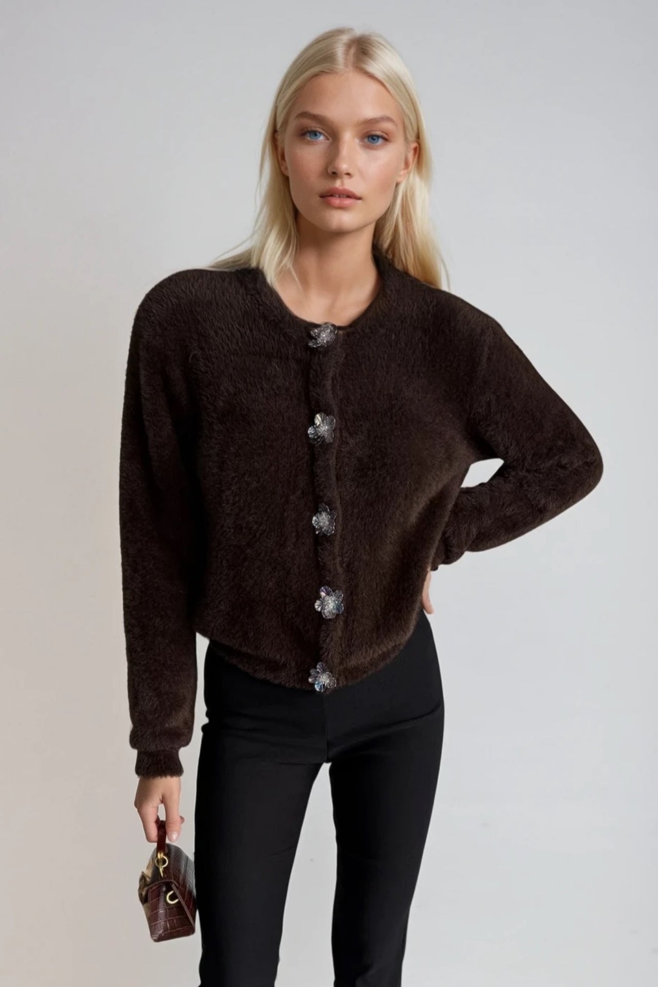 Flower Accessorized Soft-Textured Brown Knit Cardigan