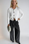 Flower Accessorized Soft-Textured Ecru Knit Cardigan