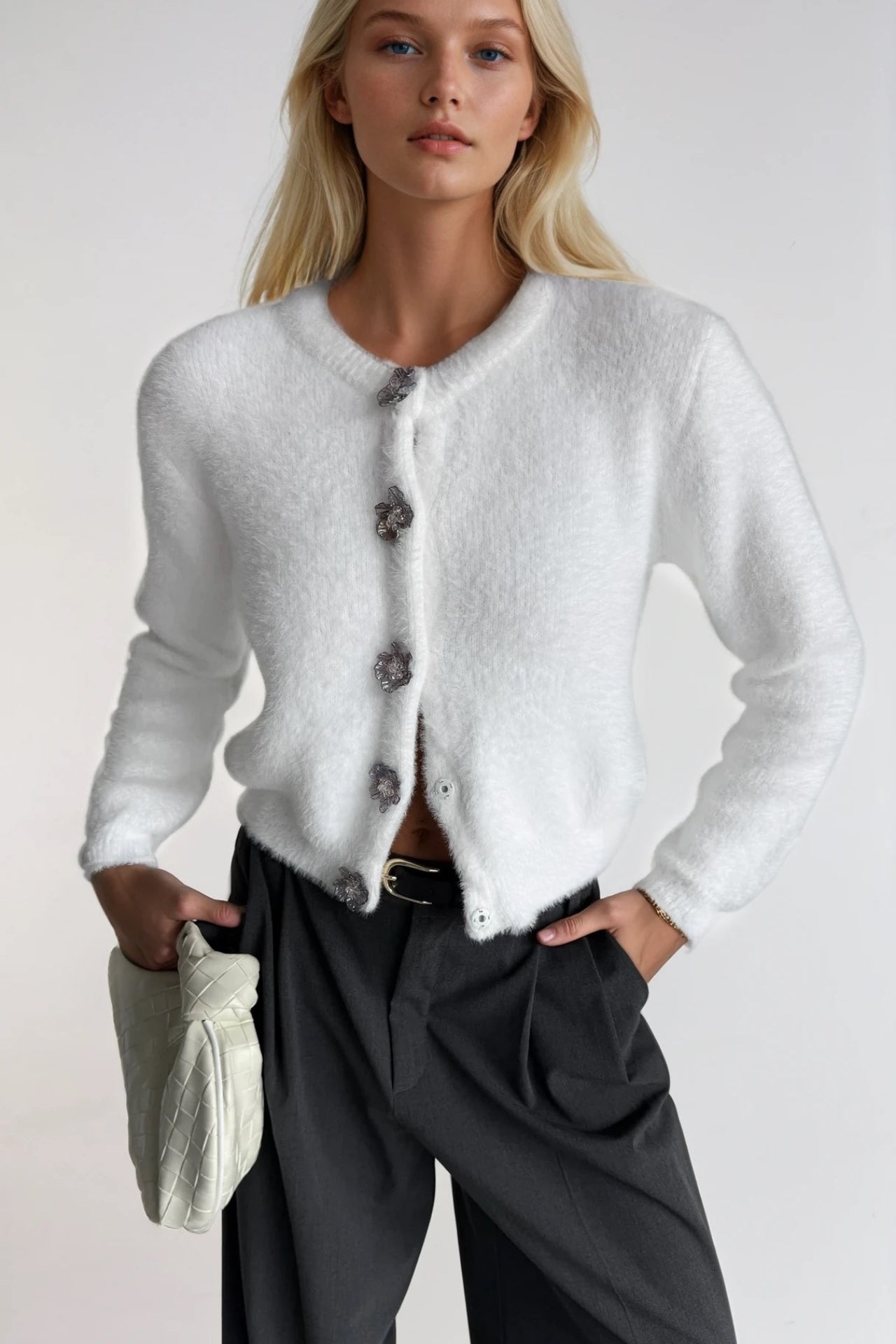 Flower Accessorized Soft-Textured Ecru Knit Cardigan