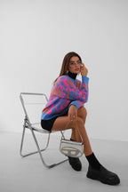 Cicek Patterned Brushed Blue Sweater
