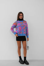 Cicek Patterned Brushed Blue Sweater