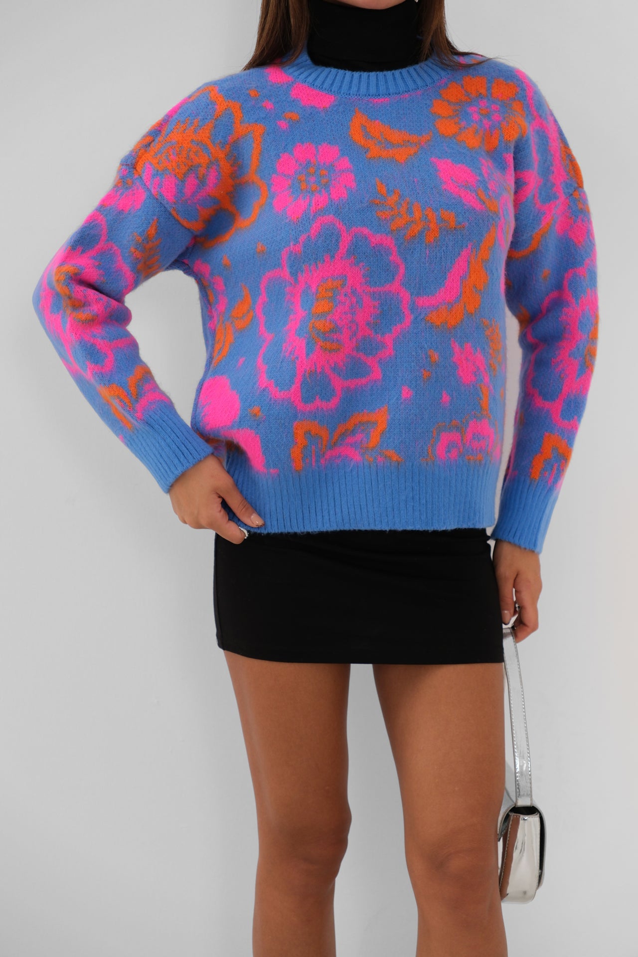 Cicek Patterned Brushed Blue Sweater