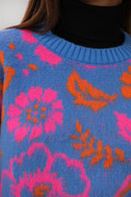 Cicek Patterned Brushed Blue Sweater