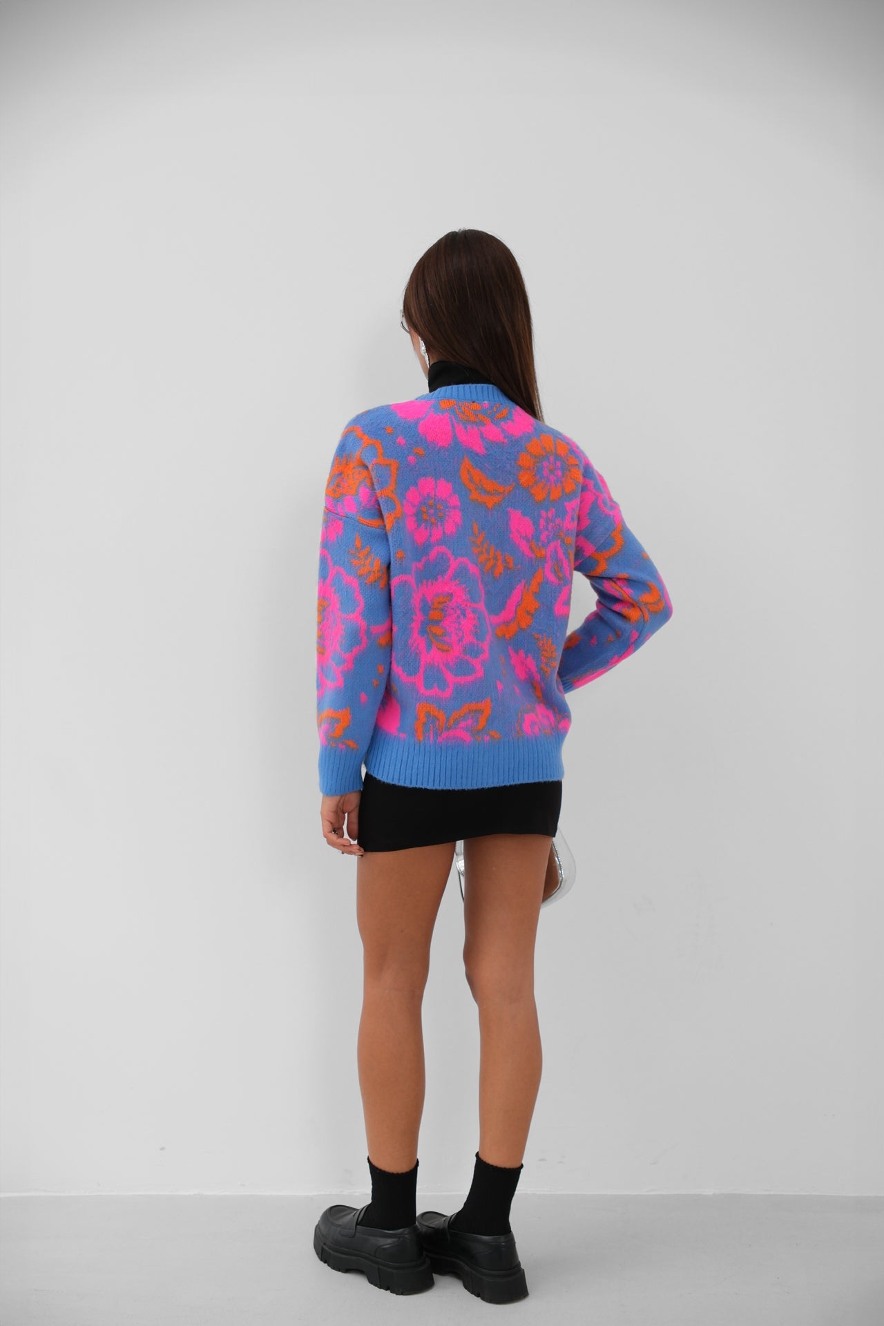 Cicek Patterned Brushed Blue Sweater