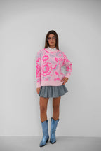 Floral Pattern Brushed Pink Sweater