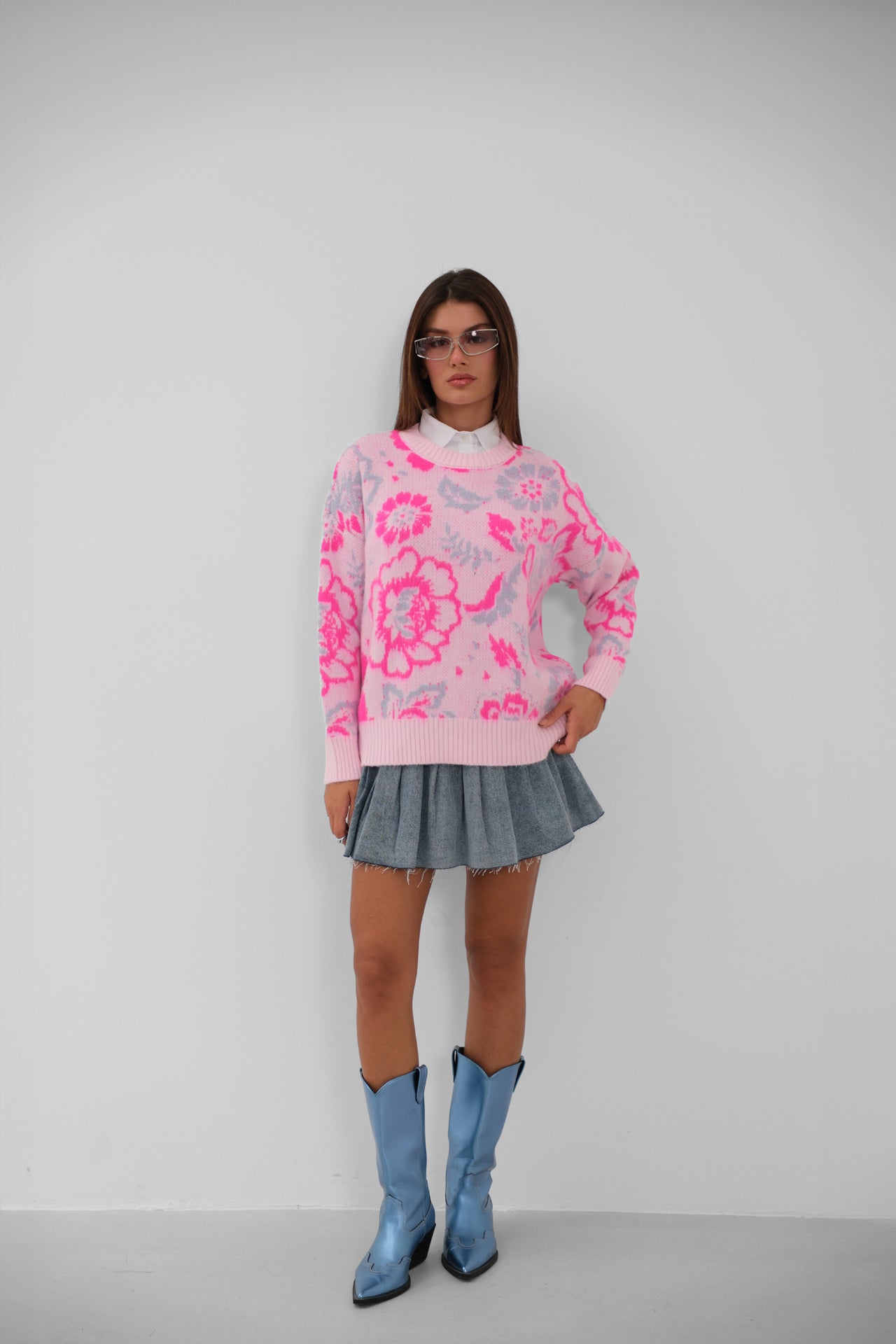 Floral Pattern Brushed Pink Sweater