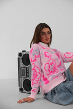 Floral Pattern Brushed Pink Sweater