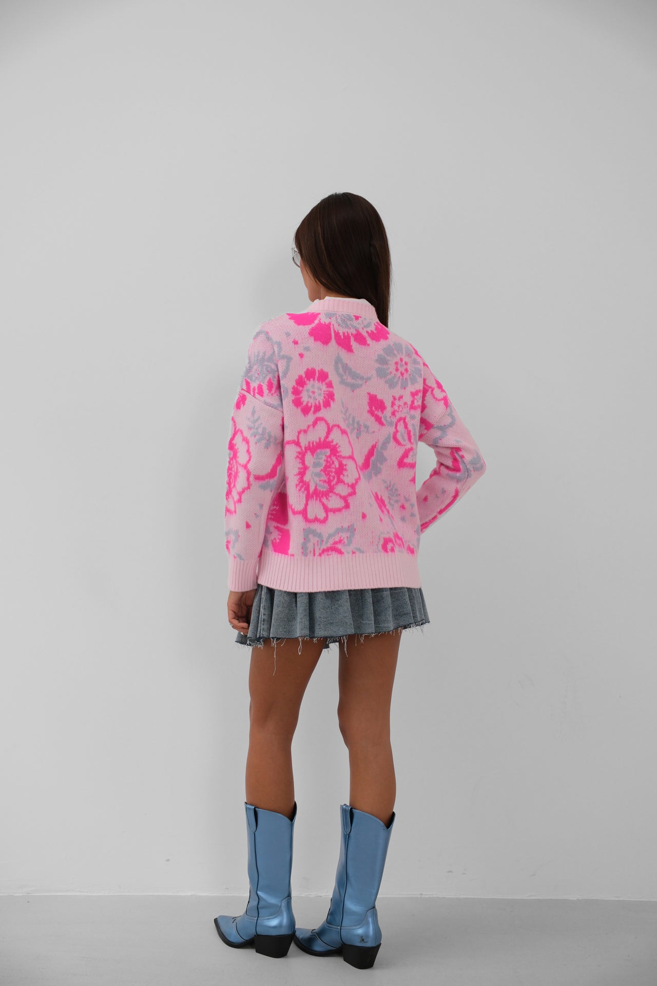Floral Pattern Brushed Pink Sweater