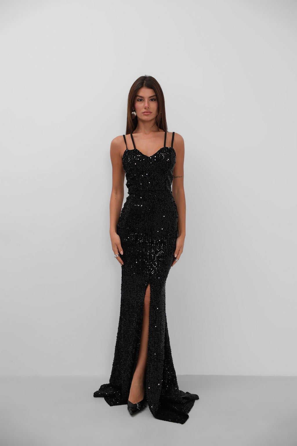 Double Strap Sequined Black Dress