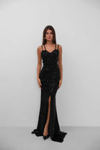 Double Strap Sequined Black Dress