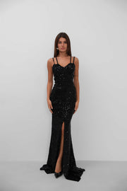Double Strap Sequined Black Dress