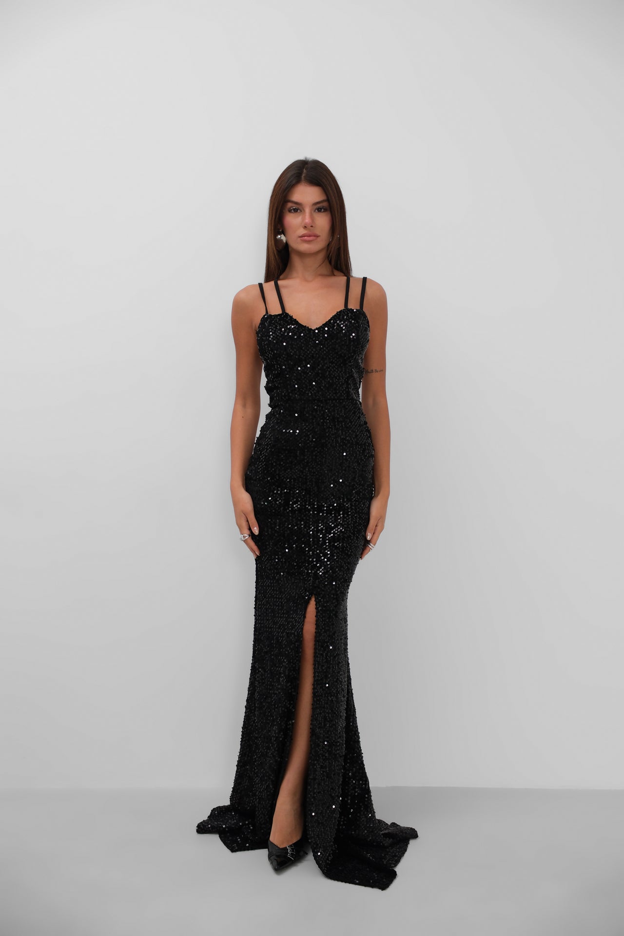 Double Strap Sequined Black Dress