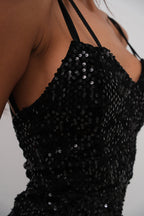 Double Strap Sequined Black Dress