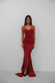 Double Strap Sequined Burgundy Dress