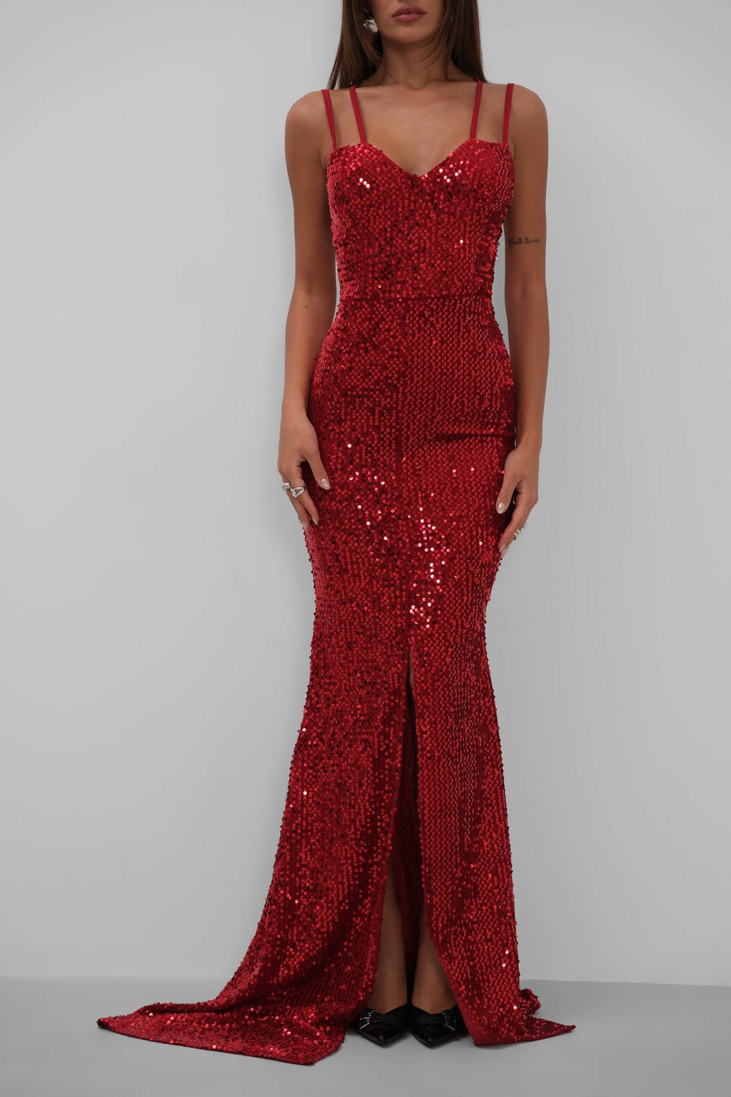Double Strap Sequined Burgundy Dress