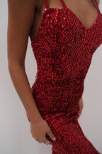 Double Strap Sequined Burgundy Dress