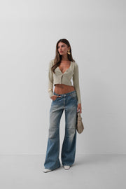 Double Buttoned V Neck Beige Knit Blouse