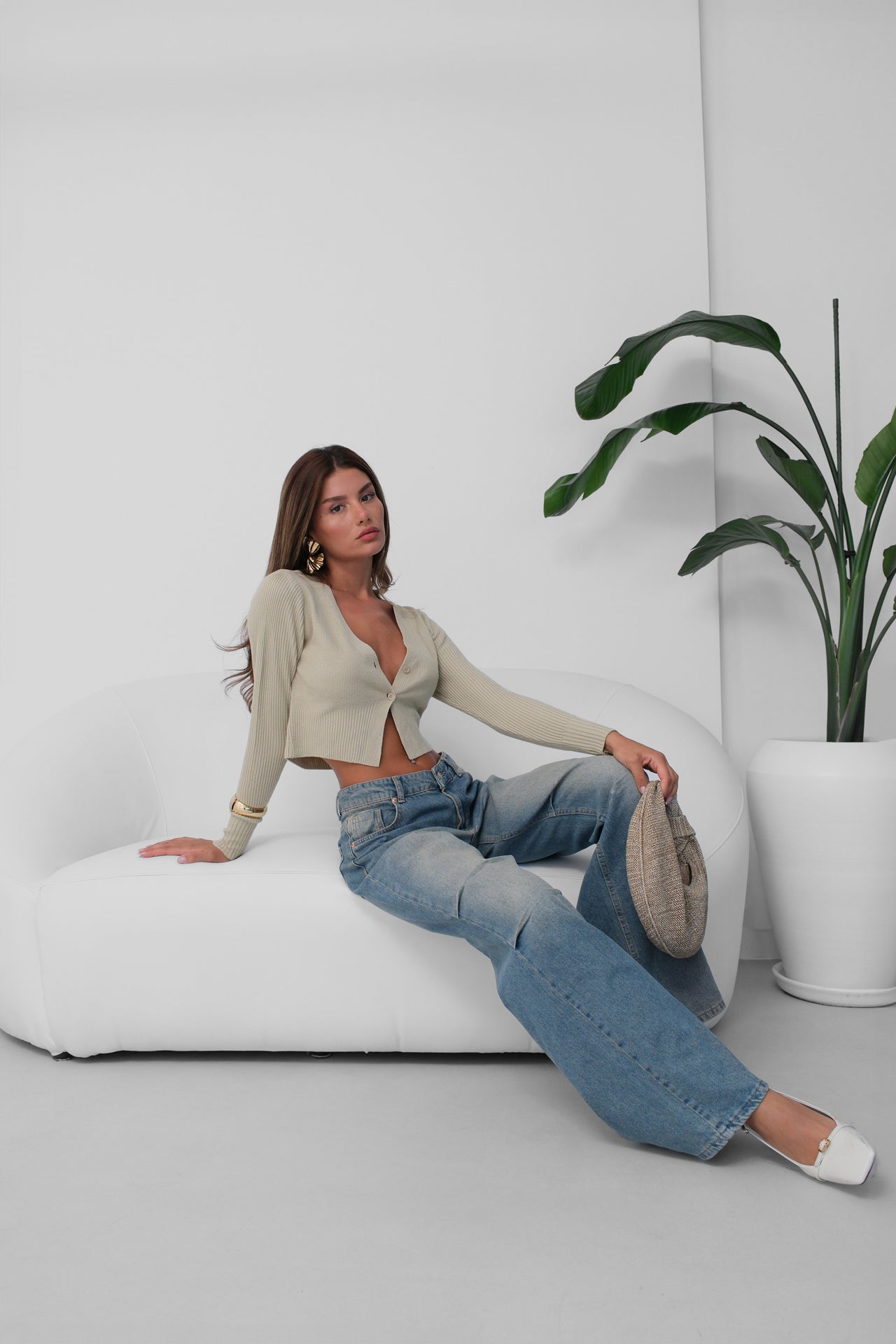 Double Button V-Neck Beige Knit Blouse