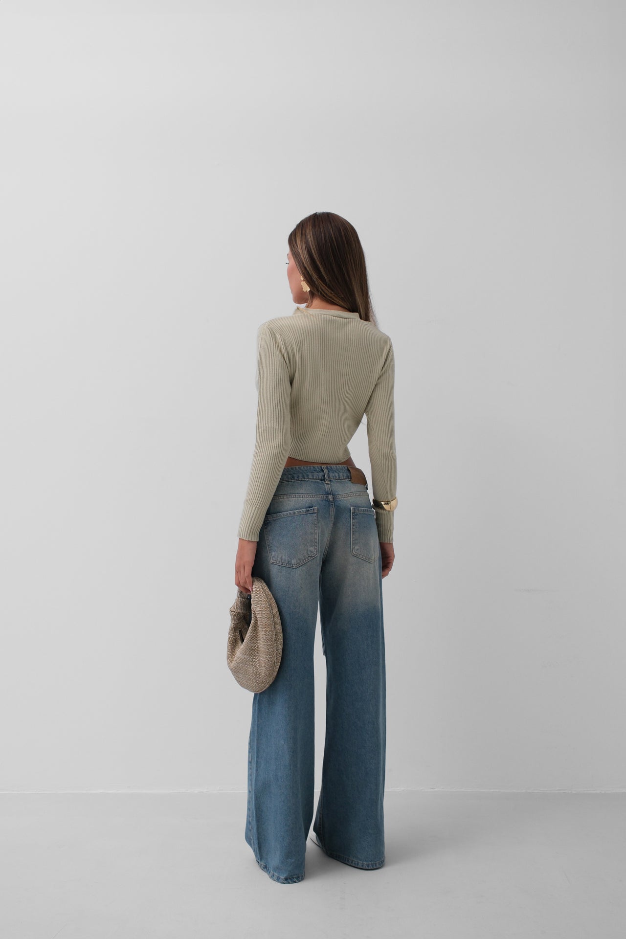 Double Button V-Neck Beige Knit Blouse