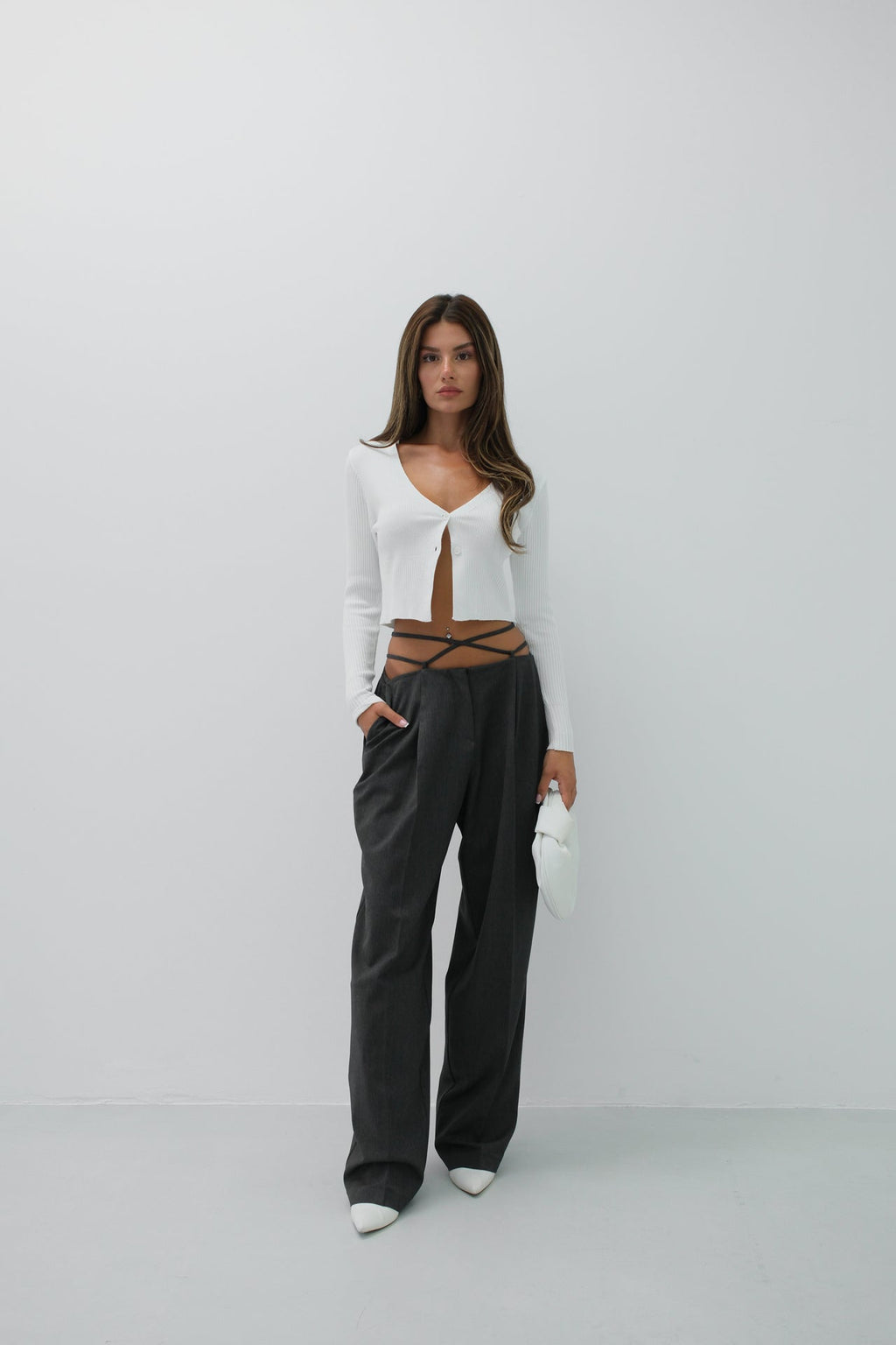 Double Button V-Neck Ecru Knit Blouse