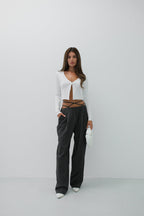 Double Button V-Neck Ecru Knit Blouse