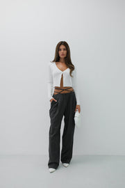 Double Buttoned V Neck Ecru Knit Blouse