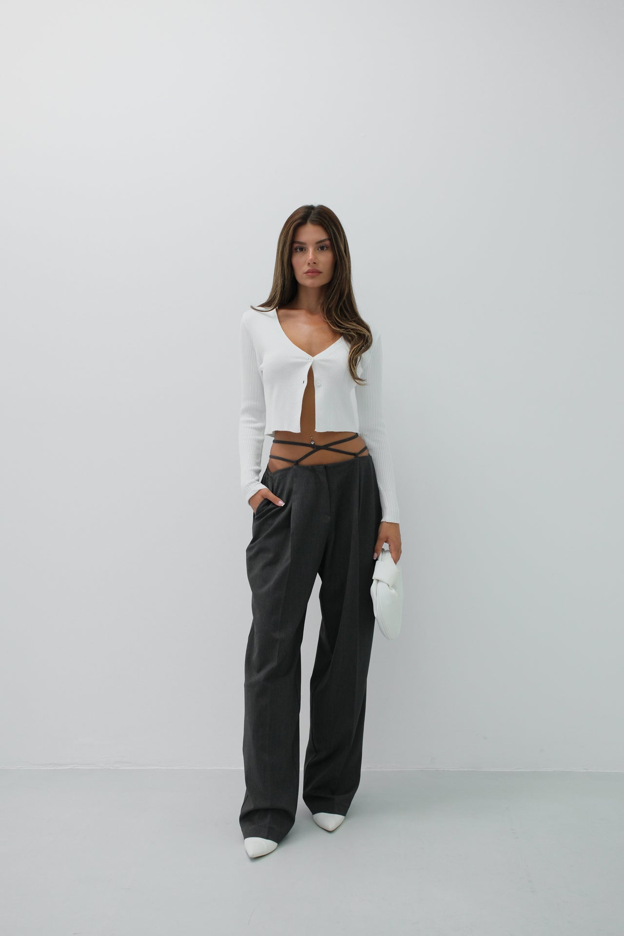 Double Button V-Neck Ecru Knit Blouse