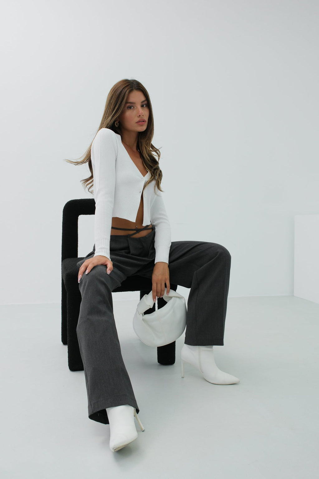 Double Button V-Neck Ecru Knit Blouse