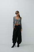 Double Button V-Neck Gray Knit Blouse