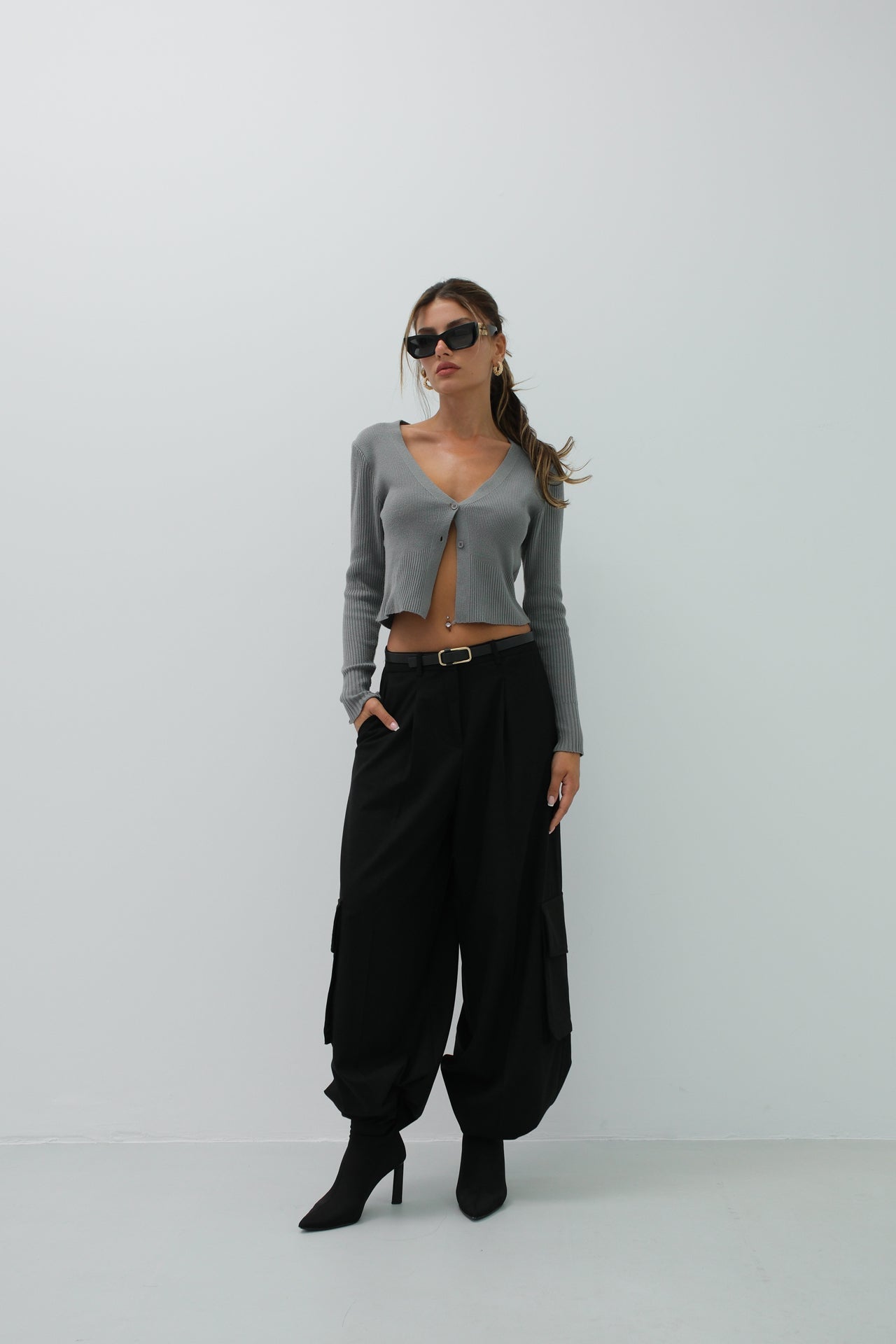 Double Button V-Neck Gray Knit Blouse