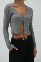 Double Button V-Neck Gray Knit Blouse