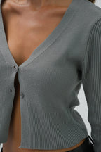 Double Button V-Neck Gray Knit Blouse