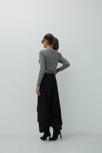 Double Button V-Neck Gray Knit Blouse