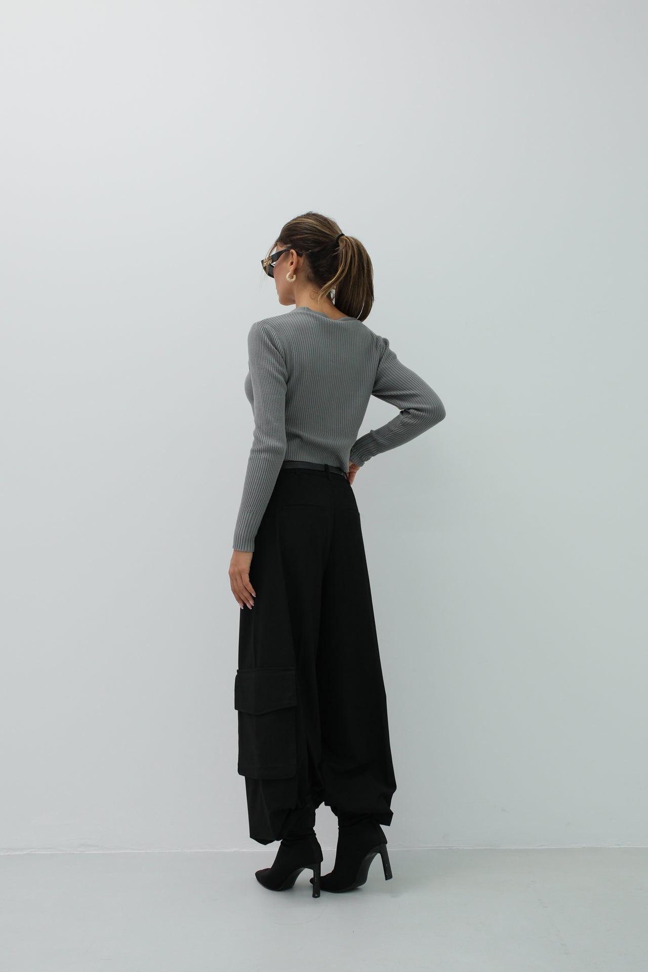 Double Button V-Neck Gray Knit Blouse