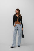 Double Buttoned V-Neck Black Knit Blouse