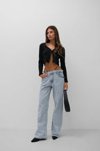 Double Buttoned V-Neck Black Knit Blouse
