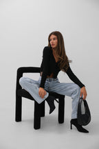 Double Buttoned V-Neck Black Knit Blouse