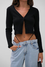 Double Buttoned V-Neck Black Knit Blouse