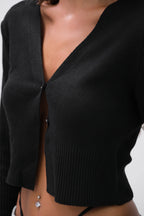 Double Buttoned V-Neck Black Knit Blouse